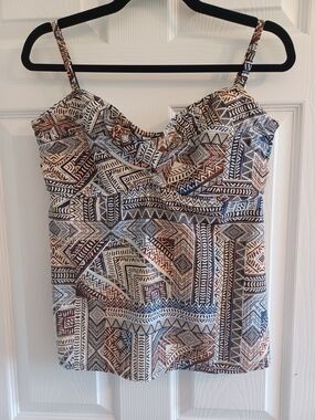NWOT Tribal Print Adjustable Strap Swim Top in Navy & Brown Underwire Bra  38DD